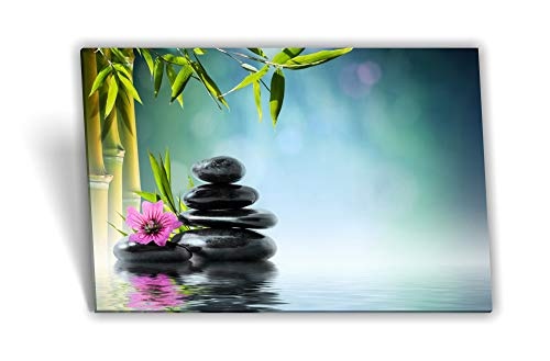 Medianlux Leinwand-Bild Keilrahmen-Bild SPA Wellness Orchidee Wasser Bambusrohr Schwarz Pink Grün Steine Poster, 100 x 40cm (BxH)