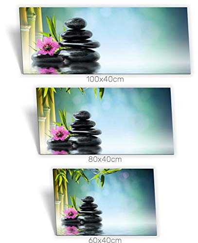 Medianlux Leinwand-Bild Keilrahmen-Bild SPA Wellness Orchidee Wasser Bambusrohr Schwarz Pink Grün Steine Poster, 100 x 40cm (BxH)