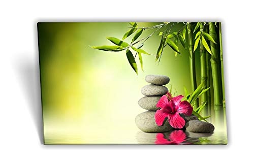 Medianlux Leinwand-Bild Keilrahmen-Bild SPA Wellness Orchidee Wasser Bambusrohr Grau Pink Grün Steine Poster, 100 x 40cm (BxH)