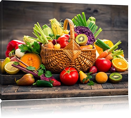 Pixxprint Frisches Obst und Gemüse im Korb, Format: 80x60 auf Leinwand