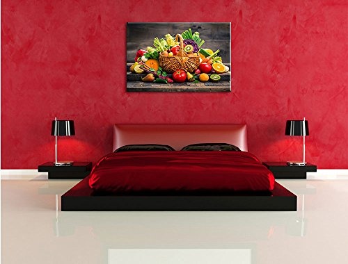 Pixxprint Frisches Obst und Gemüse im Korb, Format: 80x60 auf Leinwand