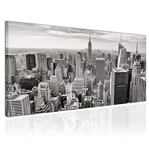 Topquadro XXL Wandbild, Leinwandbild 100x50cm, New York Schwarz-Weiß-Panorama, Wolkenkratzer und Stadt - Panoramabild Keilrahmenbild, Bild auf Leinwand - Einteilig, Fertig zum Aufhängen