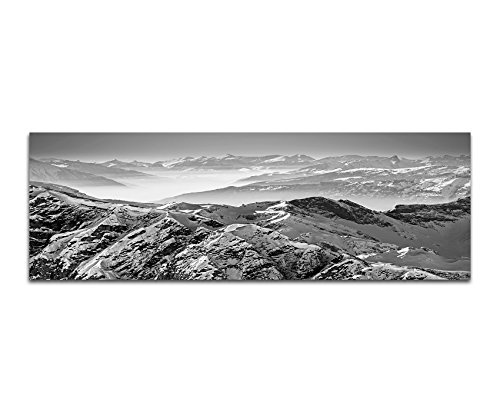 Keilrahmenbild Panoramabild SCHWARZ/Weiss 150x50cm Alpen Gebirge Bergspitzen Schnee Eis Nebel