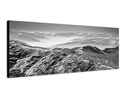 Keilrahmenbild Panoramabild SCHWARZ/Weiss 150x50cm Alpen Gebirge Bergspitzen Schnee Eis Nebel