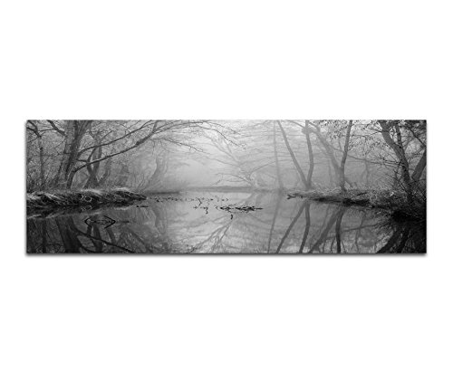 Augenblicke Wandbilder Keilrahmenbild Panoramabild SCHWARZ/Weiss 150x50cm Wald Bäume Fluss Nebel Dunst