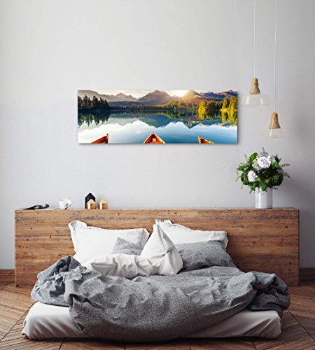 Paul Sinus Art Leinwandbilder | Bilder Leinwand 150x50cm Bergsee in der Hohen Tatra mit Booten