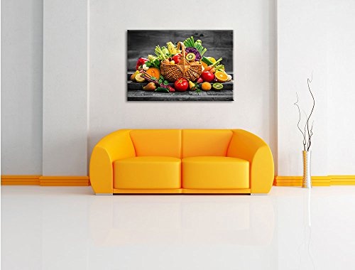 Frisches Obst und Gemüse im Korb B&W Detail, Format: 100x70 auf Leinwand, XXL riesige Bilder fertig gerahmt mit Keilrahmen, Kunstdruck auf Wandbild mit Rahmen, günstiger als Gemälde oder Ölbild, kein Poster oder Plakat