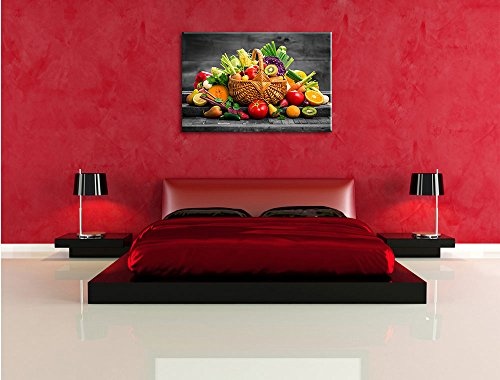 Frisches Obst und Gemüse im Korb B&W Detail, Format: 100x70 auf Leinwand, XXL riesige Bilder fertig gerahmt mit Keilrahmen, Kunstdruck auf Wandbild mit Rahmen, günstiger als Gemälde oder Ölbild, kein Poster oder Plakat