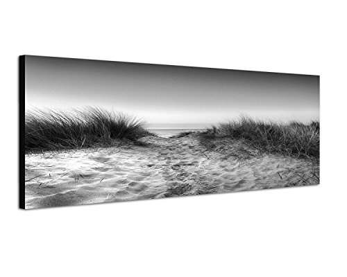 Keilrahmenbild Panoramabild SCHWARZ/Weiss 150x50cm Sanddüne Gräser Meerblick Himmel