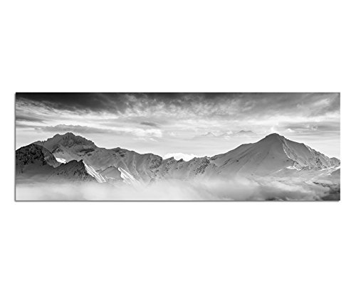 Augenblicke Wandbilder Keilrahmenbild Panoramabild SCHWARZ/Weiss 150x50cm Berge Wald Schnee Nebel Abend