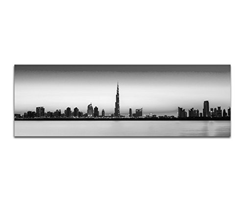 Keilrahmenbild Panoramabild SCHWARZ/Weiss 150x50cm Dubai Skyline Wolkenkratzer Wasser Abendlicht