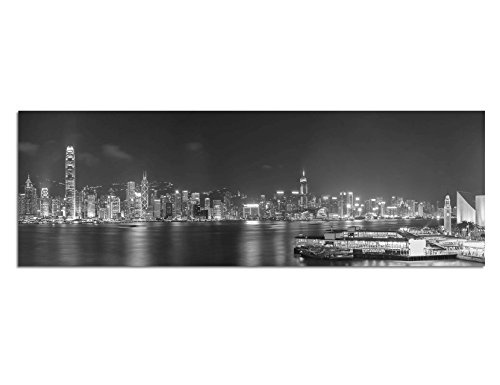 Augenblicke Wandbilder Keilrahmenbild Panoramabild SCHWARZ/Weiss 150x50cm Hongkong Skyline Wasser Nacht Lichter