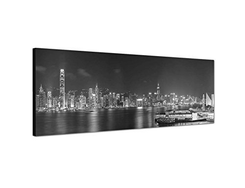 Augenblicke Wandbilder Keilrahmenbild Panoramabild SCHWARZ/Weiss 150x50cm Hongkong Skyline Wasser Nacht Lichter