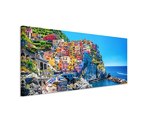Paul Sinus Art Panoramabild 150x50cm Landschaftsfotografie - Farbenfroher Hafen, Cinque Terre, Italien auf Leinwand Exklusives Wandbild Moderne Fotografie für Ihre Wand in Vielen Größen