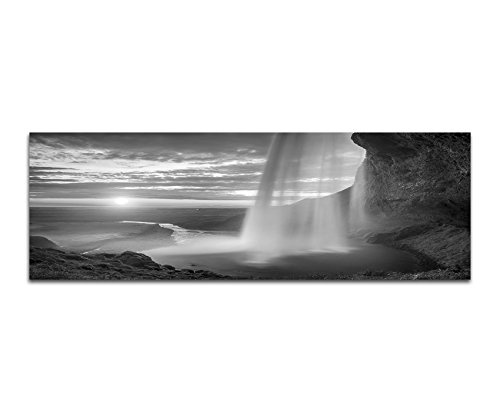 Augenblicke Wandbilder Keilrahmenbild Panoramabild SCHWARZ/Weiss 150x50cm Meer Felsen Wasserfall Sonnenuntergang