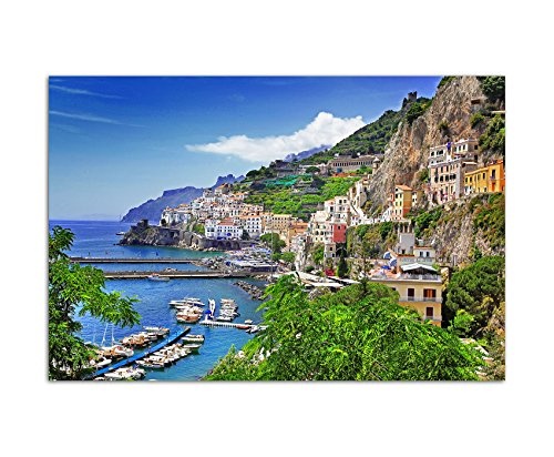 Paul Sinus Art 120x80cm - WANDBILD Amalfi Italien Meer Küste Dorf Hafen Boote - Leinwandbild auf Keilrahmen Modern Stilvoll - Bilder und Dekoration