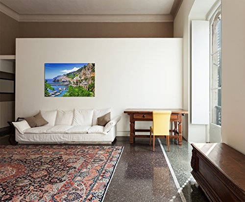 Paul Sinus Art 120x80cm - WANDBILD Amalfi Italien Meer Küste Dorf Hafen Boote - Leinwandbild auf Keilrahmen Modern Stilvoll - Bilder und Dekoration