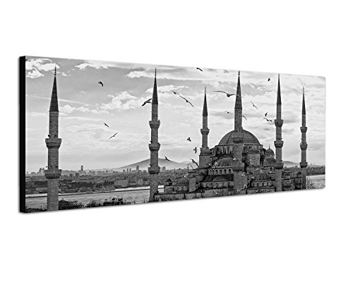 Augenblicke Wandbilder Keilrahmenbild Panoramabild SCHWARZ/Weiss 150x50cm Istanbul Moschee Sonnenuntergang Vögel