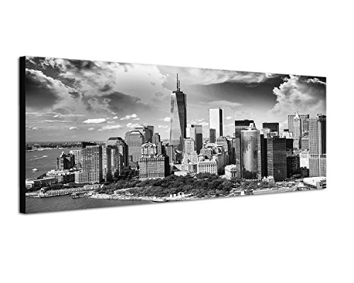 Augenblicke Wandbilder Keilrahmenbild Panoramabild SCHWARZ/Weiss 150x50cm Manhattan Skyline Wolkenhimmel Sonnenstrahlen