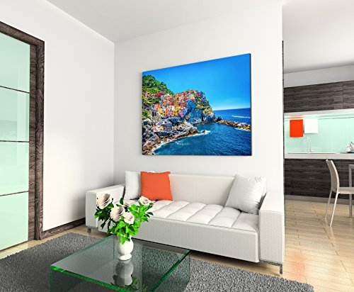 Sinus Art Wandbild 120x80cm Landschaftsfotografie - Farbenfroher Hafen, Cinque Terre, Italien auf Leinwand für Wohnzimmer, Büro, Schlafzimmer, Ferienwohnung u.v.m. Gestochen scharf in Top Qualität