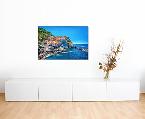 Sinus Art Wandbild 120x80cm Landschaftsfotografie - Farbenfroher Hafen, Cinque Terre, Italien auf Leinwand für Wohnzimmer, Büro, Schlafzimmer, Ferienwohnung u.v.m. Gestochen scharf in Top Qualität