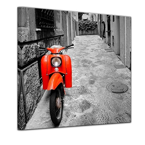 Wandbild - Retro Roller - Bild auf Leinwand 40 x 40 cm - Leinwandbilder - Bilder als Leinwanddruck - Motorisiert - schwarz weiß - roter Motorroller