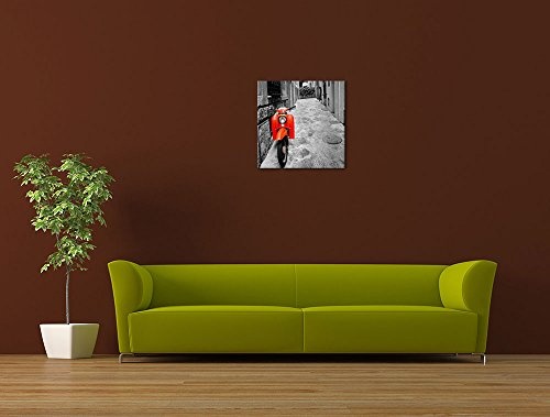 Wandbild - Retro Roller - Bild auf Leinwand 40 x 40 cm - Leinwandbilder - Bilder als Leinwanddruck - Motorisiert - schwarz weiß - roter Motorroller