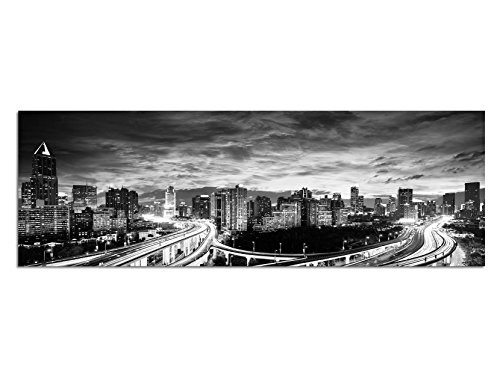 Augenblicke Wandbilder Keilrahmenbild Panoramabild SCHWARZ/Weiss 150x50cm Shanghai Wolkenkratzer Straße Nacht Lichter