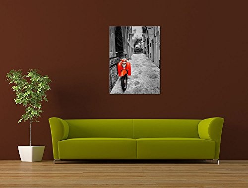 Keilrahmenbild - Retro Roller - Bild auf Leinwand 90 x 120 cm - Leinwandbilder - Bilder als Leinwanddruck - Motorisiert - schwarz weiß - roter Motorroller