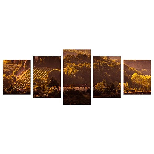 Wandbild - Toskana im Sonnenuntergang II - Bild auf Leinwand - 200x80 cm 5 teilig - Leinwandbilder - Landschaften - Italien - Chianti-Hügel - Zypressen - Weinreben