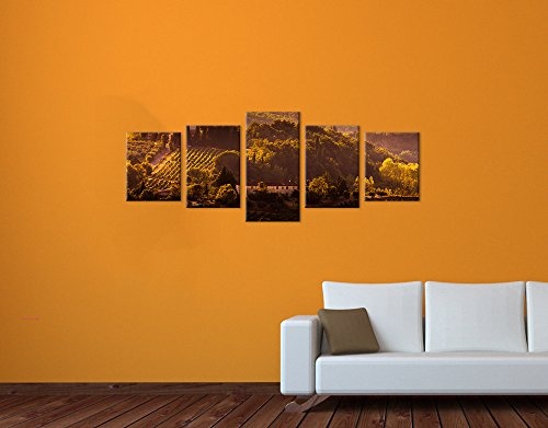 Wandbild - Toskana im Sonnenuntergang II - Bild auf Leinwand - 200x80 cm 5 teilig - Leinwandbilder - Landschaften - Italien - Chianti-Hügel - Zypressen - Weinreben