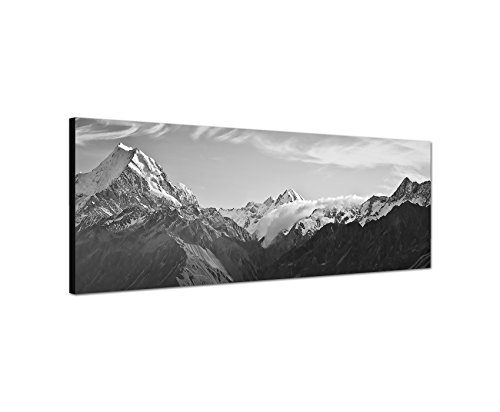 Augenblicke Wandbilder Keilrahmenbild Panoramabild SCHWARZ/Weiss 150x50cm Neuseeland Nationalpark Berge Schnee