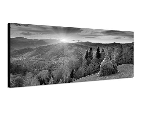 Augenblicke Wandbilder Keilrahmenbild Panoramabild SCHWARZ/Weiss 150x50cm Wald Berge Wiese Herbst Sonnenuntergang