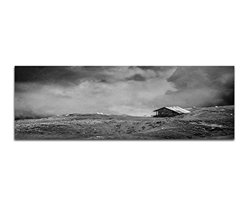 Augenblicke Wandbilder Keilrahmenbild Panoramabild SCHWARZ/Weiss 150x50cm Alpen Wiese Holzhaus Wolken Nebel Vintage