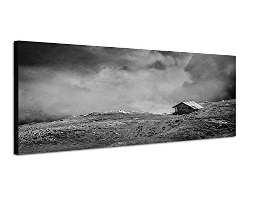 Augenblicke Wandbilder Keilrahmenbild Panoramabild SCHWARZ/Weiss 150x50cm Alpen Wiese Holzhaus Wolken Nebel Vintage