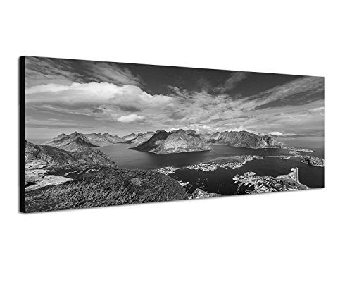 Augenblicke Wandbilder Keilrahmenbild Panoramabild SCHWARZ/Weiss 150x50cm Norwegen Lofoten Berge Wasser Wolkenschleier