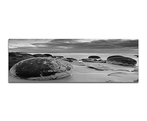 Augenblicke Wandbilder Keilrahmenbild Panoramabild SCHWARZ/Weiss 150x50cm Neuseeland Strand Meer Steine Dämmerung