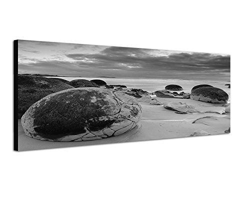 Augenblicke Wandbilder Keilrahmenbild Panoramabild SCHWARZ/Weiss 150x50cm Neuseeland Strand Meer Steine Dämmerung
