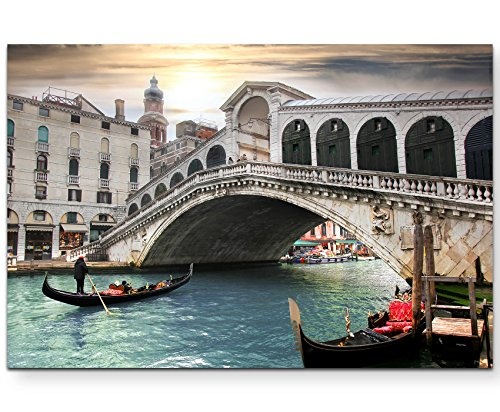 Paul Sinus Art Leinwandbilder | Bilder Leinwand 120x80cm Rialtobrücke mit Gondeln in Venedig