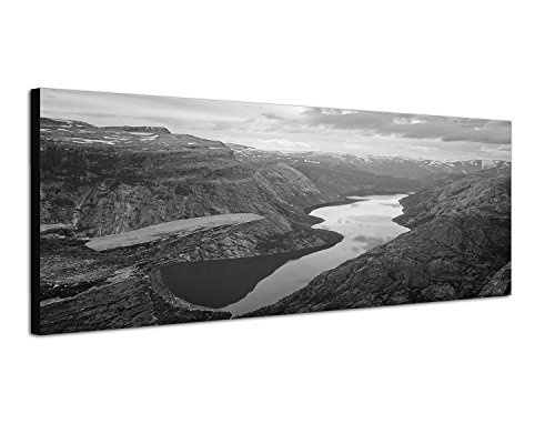 Augenblicke Wandbilder Keilrahmenbild Panoramabild SCHWARZ/Weiss 150x50cm Norwegen Fjord Berge Fluss Natur