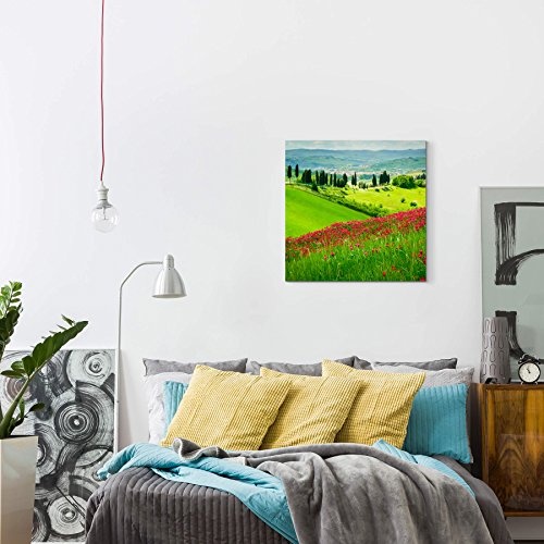 Paul Sinus Art Leinwandbilder | Bilder Leinwand 60x60cm Blumenwiese mit Zypressen Toskana - Italien