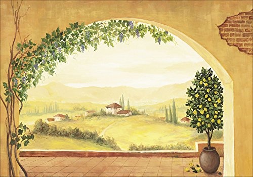 Artland Qualitätsbilder I Bild auf Leinwand Leinwandbilder Wandbilder 100 x 70 cm Landschaften Fensterblick Italien Malerei Creme A1VS Weinranken Toskana