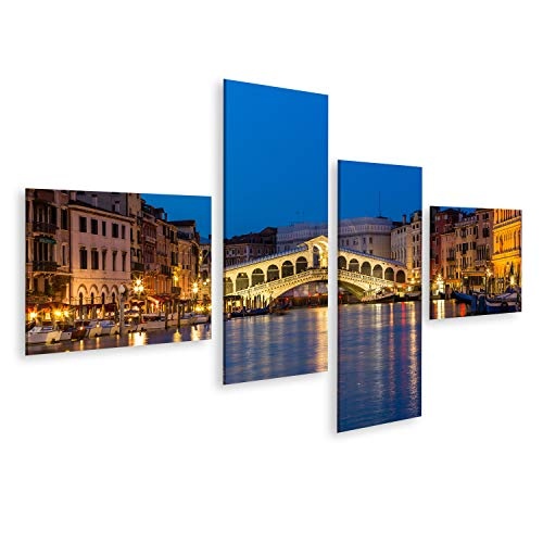 islandburner, Bild auf Leinwand Nachtaufnahme der Rialto-Brücke, Venedig Italien Wandbild Leinwandbild Kunstdruck Poster 150x80cm - 4 Teile