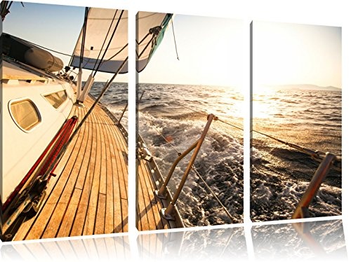 Segelboot im Meer 3-Teiler Leinwandbild 120x80 Bild auf Leinwand, XXL riesige Bilder fertig gerahmt mit Keilrahmen, Kunstdruck auf Wandbild mit Rahmen, gänstiger als Gemälde oder Ölbild, kein Poster oder Plakat