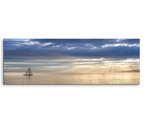 Eau Zone GmbH Kunstdruck auf Leinwand 150x50cm Landschaftsfotografie – Kleines Segelboot am Leman See Schweiz