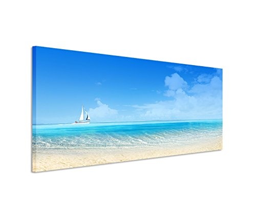 Paul Sinus Art 150x50cm Leinwandbild auf Keilrahmen Strand Meer Segelboot Sommer Wandbild auf Leinwand als Panorama