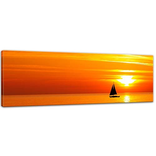 Wandbild - Sailing - Bild auf Leinwand - 90 x 30 cm - Leinwandbilder - Bilder als Leinwanddruck - Landschaften - orange - gelb - Segelboot im Sonnenuntergang