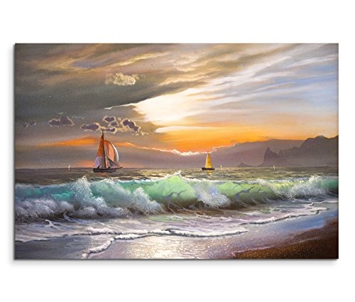 Paul Sinus Art 120x80cm Leinwandbild auf Keilrahmen Ölgemälde Meer Wellen Segelboot Abendrot Wandbild auf Leinwand als Panorama