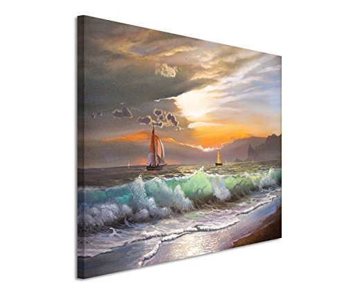 Paul Sinus Art 120x80cm Leinwandbild auf Keilrahmen Ölgemälde Meer Wellen Segelboot Abendrot Wandbild auf Leinwand als Panorama