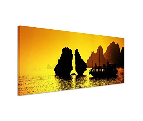 150x50cm Leinwandbild auf Keilrahmen Vietnam Halong Bay Felsen Segelboot Abendlicht Wandbild auf Leinwand als Panorama